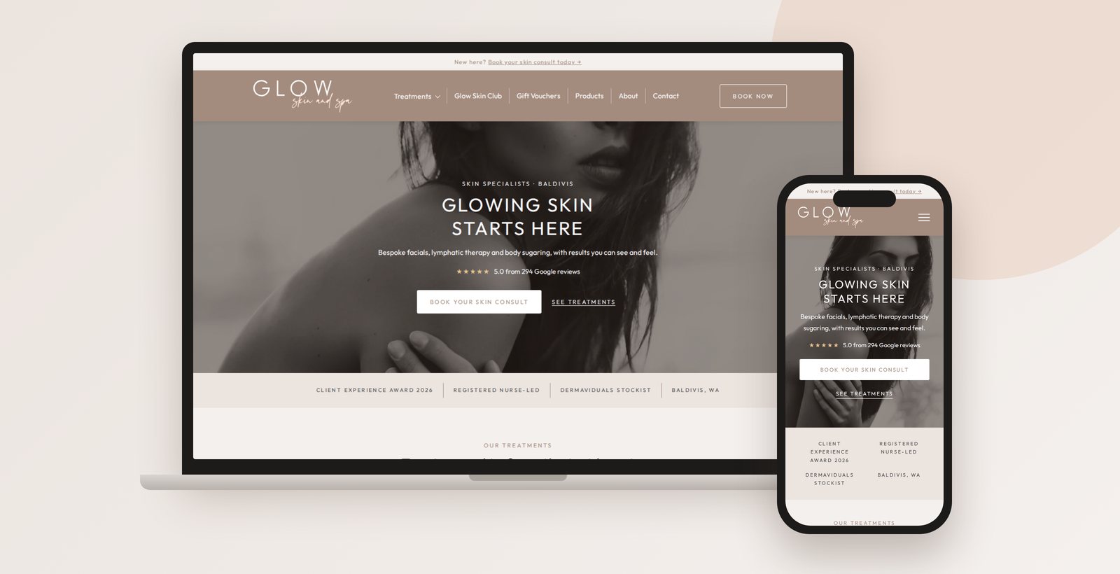 Glow Skin & Spa website on a laptop and phone