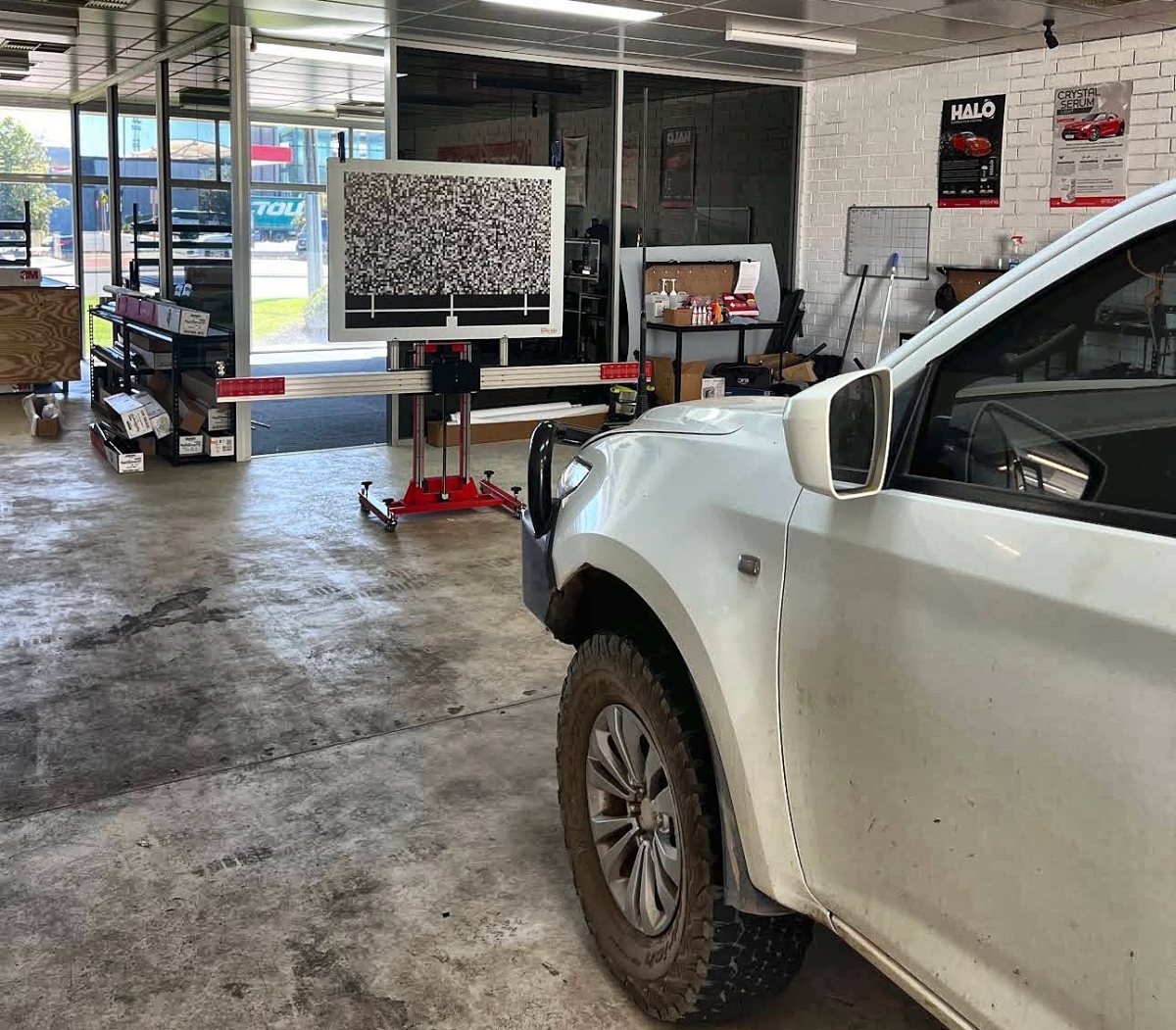 ADAS calibration target board in front of a ute