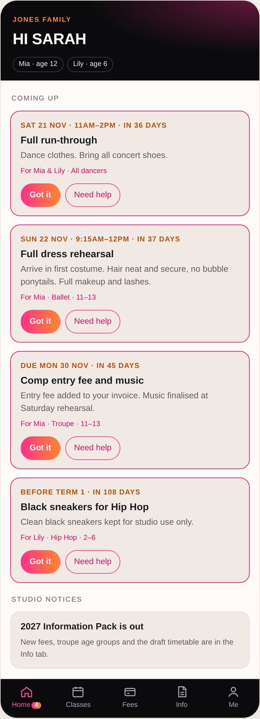 The Dance Complex parent portal on a phone